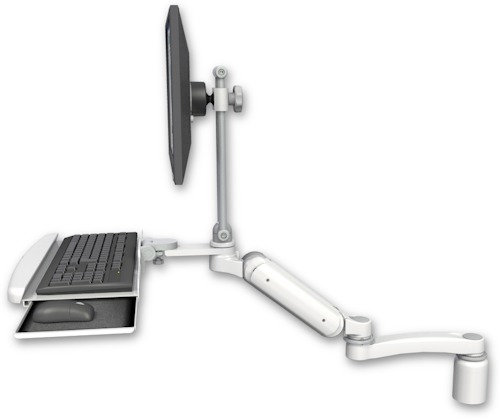 AccessMount™ Ultra 180 Arm with EV710 monitor mount desk mount, a 3" riser, a wrist-rest keyboard tray, and an 11" arm