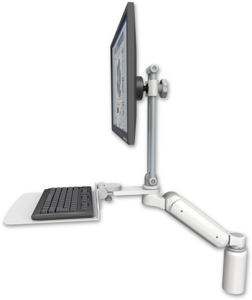 AccessMount™ Ultra 180 Arm with EV710 monitor mount desk mount, a 5" riser, and a 12" flat keyboard tray
