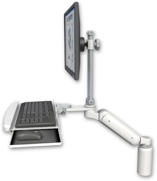 AccessMount™ Ultra 180 Arm with EV710 monitor mount desk mount, a 5" riser, and a wrist-rest keyboard tray