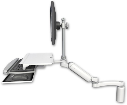AccessMount™ Ultra 180 Arm with EV710 monitor mount desk mount, a 5" riser, a work surface tray and slide-out keyboard tray, and an 11" arm