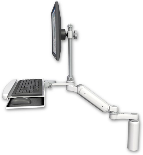 AccessMount™ Ultra 180 Arm with EV710 monitor mount desk mount, a 7.5" riser, a wrist-rest keyboard tray, and an 6" arm