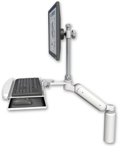 AccessMount™ Ultra 180 Arm with EV710 monitor mount desk mount, a 7.5" riser, and a wrist-rest keyboard tray