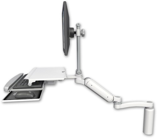 AccessMount™ Ultra 180 Arm desk mount with a 1" riser and a work surface tray and slide-out keyboard tray