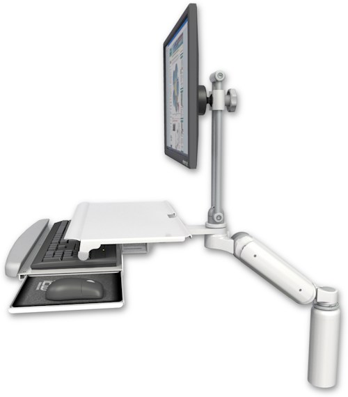 AccessMount™ Ultra 180 Arm with EV710 monitor mount desk mount, a 7.5" riser, and a work surface tray and slide-out keyboard tray