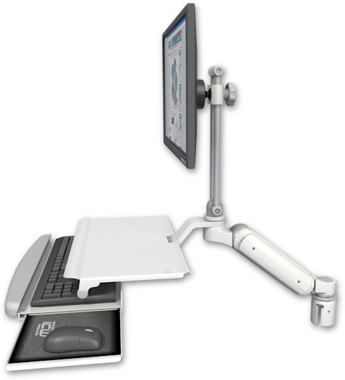 AccessMount™ Ultra 180 Arm with EV710 monitor mount mount for a 2" radius and a work surface tray and slide-out keyboard tray
