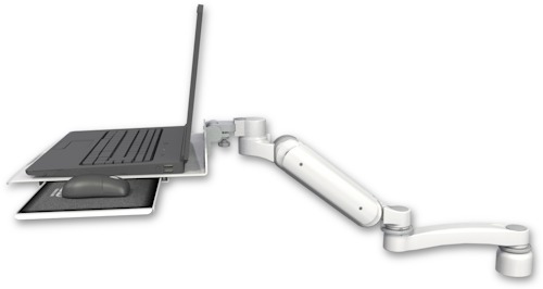 AccessMount™ Ultra 180 Arm desk mount with a 1" riser Laptop tray, slider, and an 11" arm