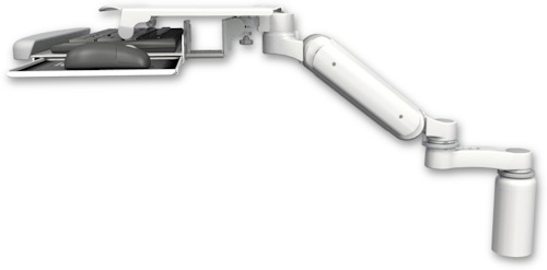 AccessMount™ Ultra 180 Arm desk mount with a 5" riser, a work surface tray and slide-out keyboard tray, and an 6" arm