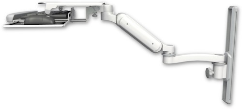 AccessMount™ Ultra 180 Arm mount on a 19" wall track slider with a work surface tray and slide-out keyboard tray and an 11" arm