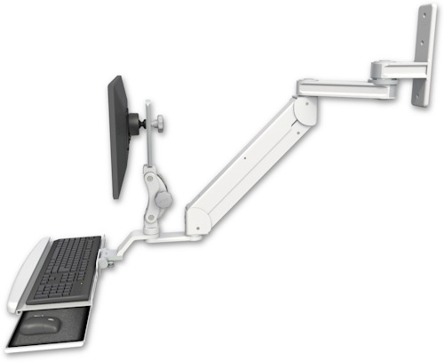 AccessMount™ Titan Elite Paralink LCD mount w/ 12" T2 arm wall mount with a wrist-rest keyboard tray