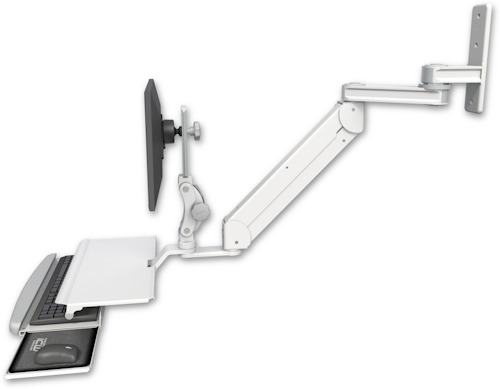 AccessMount™ Titan Elite Paralink LCD mount w/ 12" T2 arm wall mount with a work surface tray and slide-out keyboard tray