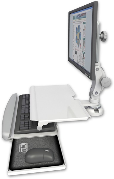 AccessMount™ Titan Paralink desk mount with a work surface tray and slide-out keyboard tray