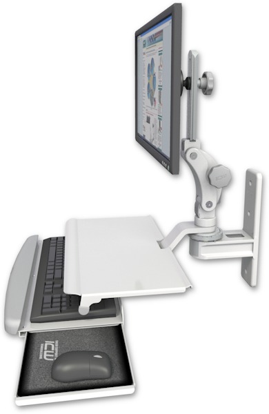 AccessMount™ Titan Paralink wall mount with a work surface tray and slide-out keyboard tray