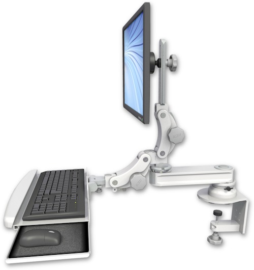 AccessMount™ Short single arm T2 Paralink LCD arm desk clamp with a paralink keyboard tray w/ wrist rest bend