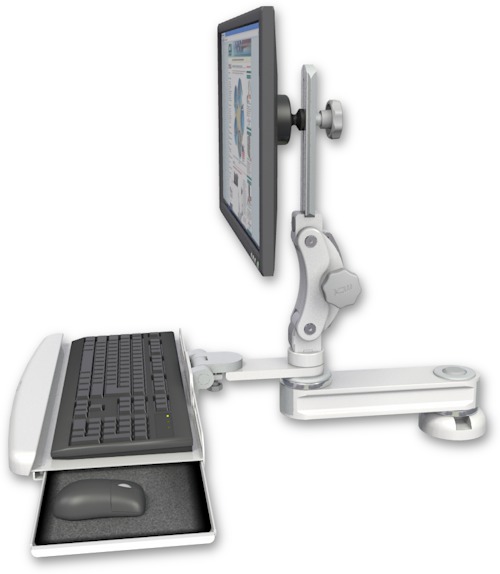 AccessMount™ Short single arm T2 Paralink LCD arm desk mount with a wrist-rest keyboard tray