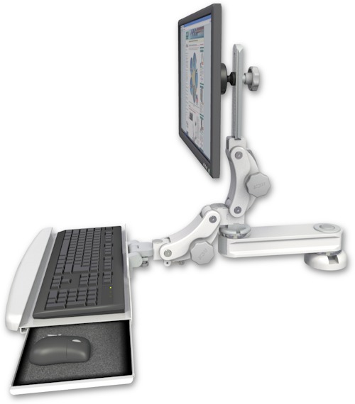 AccessMount™ Short single arm T2 Paralink LCD arm desk mount with a paralink keyboard tray w/ wrist rest bend