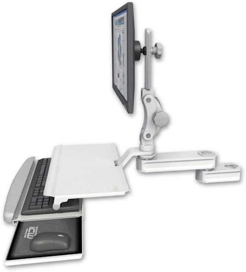 AccessMount™ Short single arm T2 Paralink LCD arm mount for a 2" pole with a work surface tray and slide-out keyboard tray