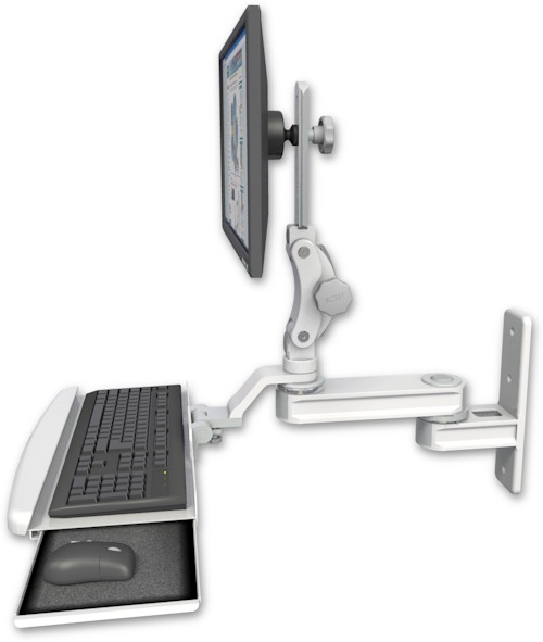 AccessMount™ Short single arm T2 Paralink LCD arm wall mount with a wrist-rest keyboard tray