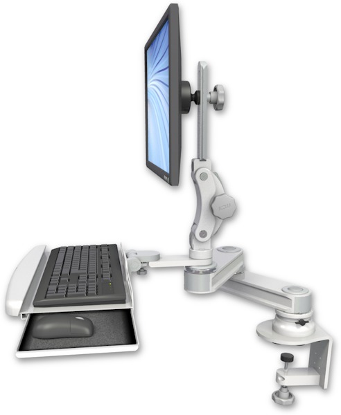 AccessMount™ Short T2 Paralink LCD arm desk clamp with a wrist-rest keyboard tray