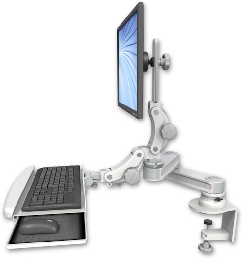 AccessMount™ Short T2 Paralink LCD arm desk clamp with a paralink keyboard tray w/ wrist rest bend