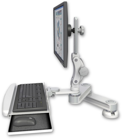 AccessMount™ Short T2 Paralink LCD arm desk mount with a wrist-rest keyboard tray