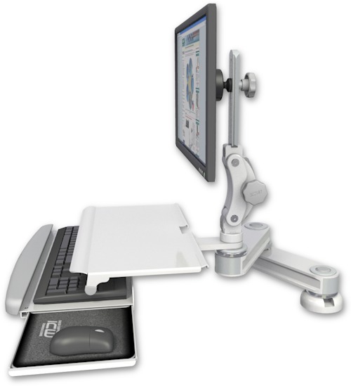 AccessMount™ Short T2 Paralink LCD arm desk mount with a work surface tray and slide-out keyboard tray