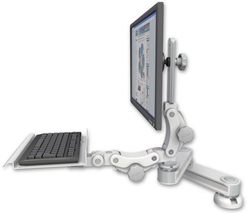 AccessMount™ Short T2 Paralink LCD arm desk mount with a 12" paralink keyboard tray