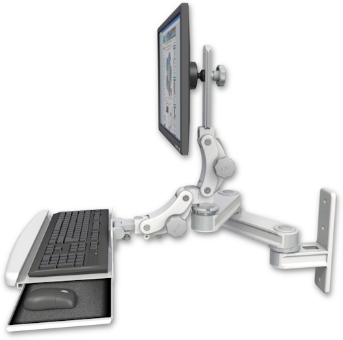 AccessMount™ Short T2 Paralink LCD arm wall mount with a paralink keyboard tray w/ wrist rest bend