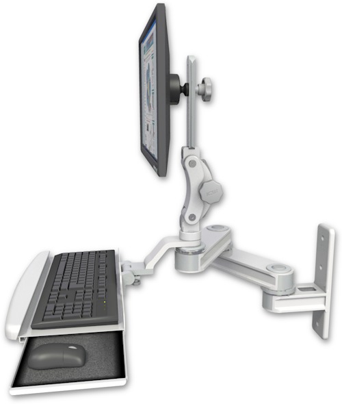 AccessMount™ Short T2 Paralink LCD arm wall mount with a wrist-rest keyboard tray