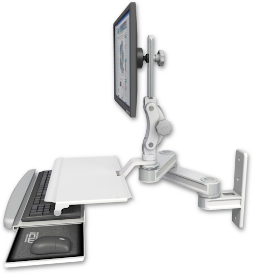 AccessMount™ Short T2 Paralink LCD arm wall mount with a work surface tray and slide-out keyboard tray
