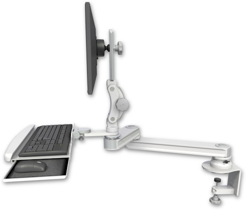 AccessMount™ Medium T2 Paralink LCD arm desk clamp with a wrist-rest keyboard tray