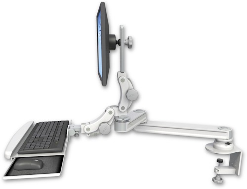 AccessMount™ Medium T2 Paralink LCD arm desk clamp with a paralink keyboard tray w/ wrist rest bend