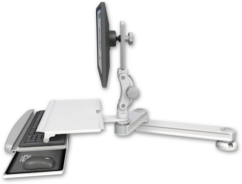AccessMount™ Medium T2 Paralink LCD arm desk mount with a work surface tray and slide-out keyboard tray