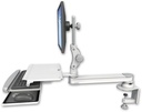 AccessMount™ Long single arm T2 Paralink LCD arm desk clamp with a work surface tray and slide-out keyboard tray