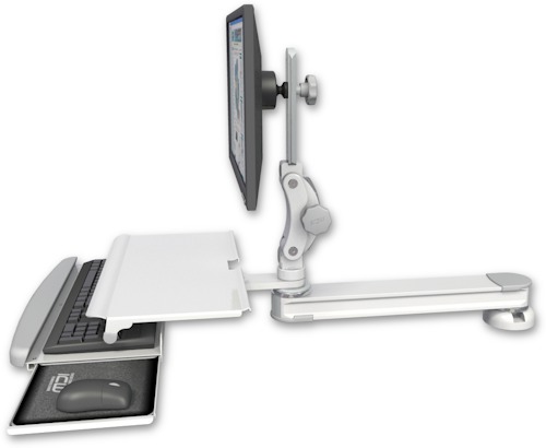 AccessMount™ Long single arm T2 Paralink LCD arm desk mount with a work surface tray and slide-out keyboard tray