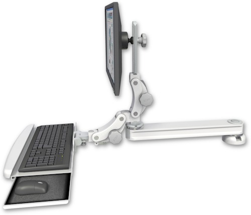 AccessMount™ Long single arm T2 Paralink LCD arm desk mount with a paralink keyboard tray w/ wrist rest bend