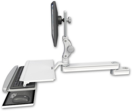 AccessMount™ Long single arm T2 Paralink LCD arm mount for a 2" pole with a work surface tray and slide-out keyboard tray