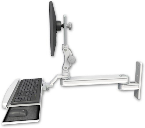 AccessMount™ Long single arm T2 Paralink LCD arm wall mount with a wrist-rest keyboard tray