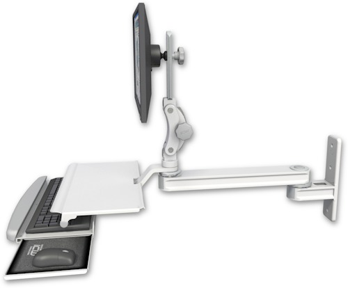 AccessMount™ Long single arm T2 Paralink LCD arm wall mount with a work surface tray and slide-out keyboard tray