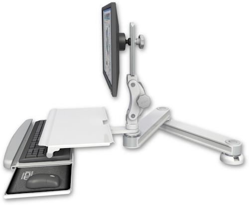AccessMount™ Long T2 Paralink LCD arm desk mount with a work surface tray and slide-out keyboard tray