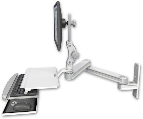 AccessMount™ Long T2 Paralink LCD arm wall mount with a work surface tray and slide-out keyboard tray