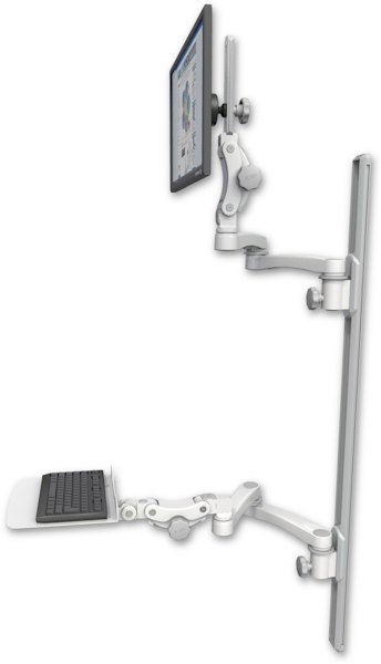 AccessMount™ Ultra 550 LCD mount on a 50" wall track with separate arms, a 12" flat paralink keyboard tray, and two 20" double-arms