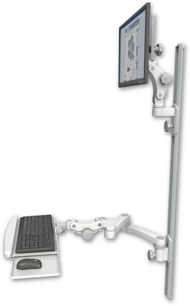 AccessMount™ Ultra 550 LCD mount on a 50" wall track with separate arms, a paralink keyboard tray w/ wrist rest bend, and a 20" double-arm