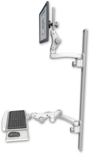 AccessMount™ Ultra 550 LCD mount on a 50" wall track with separate arms, a paralink keyboard tray w/ wrist rest bend, and an 11" arm and 20" double-arm