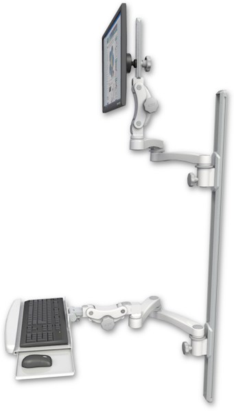 AccessMount™ Ultra 550 LCD mount on a 50" wall track with separate arms, a paralink keyboard tray w/ wrist rest bend, and two 20" double-arms