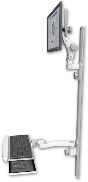 AccessMount™ Ultra 550 LCD mount on a 50" wall track with separate arms, a wrist-rest keyboard tray, and an 11" arm