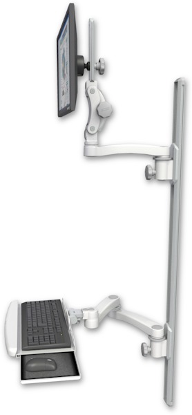 AccessMount™ Ultra 550 LCD mount on a 50" wall track with separate arms, a wrist-rest keyboard tray, and an 11" arm and 20" double-arm