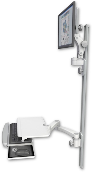 AccessMount™ Ultra 550 LCD mount on a 50" wall track with separate arms, a work surface tray and slide-out keyboard tray, and a 20" double-arm