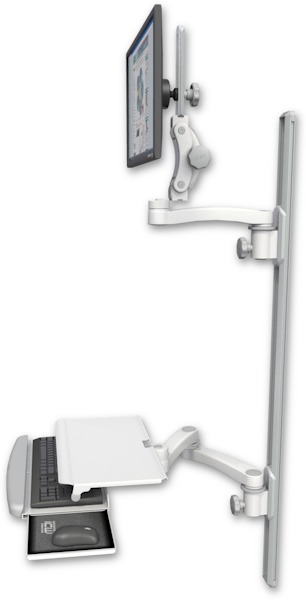 AccessMount™ Ultra 550 LCD mount on a 50" wall track with separate arms, a work surface tray and slide-out keyboard tray, and an 11" arm and 20" double-arm