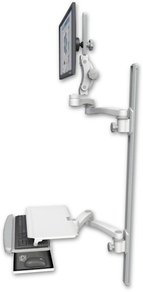 AccessMount™ Ultra 550 LCD mount on a 50" wall track with separate arms, a work surface tray and slide-out keyboard tray, and two 20" double-arms