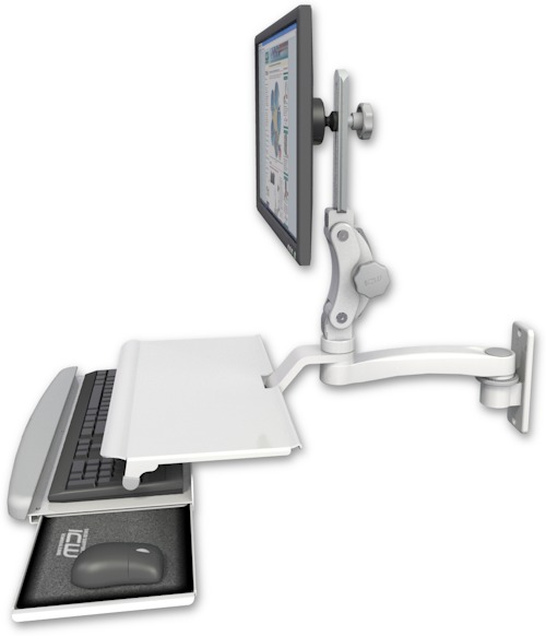 AccessMount™ Ultra 550 LCD wall mount with a work surface tray and slide-out keyboard tray and an 11" arm